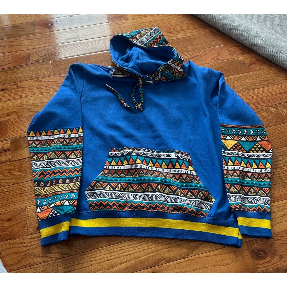 Enter The Void Printed Size L Fleece Hoodie Olympian Blue Tribal Geometric